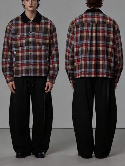 Street Life معطف كاجوال رجالي بياقة لاصقة ومرقع بنمط المربعات مع جيوب