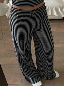 少女休闲条纹蝴蝶结抹胸上衣和阔腿裤套装，百搭 - 深灰色 - 查看 7