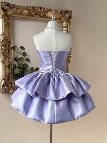 Lovelzi 奢华优雅高贵的白色缎面亮面无肩带收腰双层蛋糕裙，适合单身派对、婚礼、毕业典礼、度假、正式舞会等场合。 - 紫羅蘭色 - 查看 7