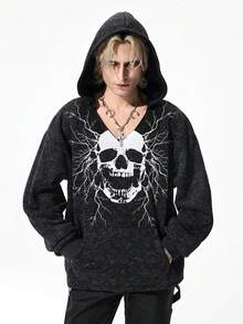ROMWE MEN Goth Men's Dark Skull Print Casual Pullover Hoodie Sweatshirt - Black and White - View 8