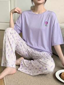 SHEIN Teen Girl Purple Summer Casual Loose Fit Short Sleeve & Long Pants Set,Lavender Tulip & Graffiti All-Over Print,Family Matching Graduation Soft - Mauve Purple - View 4