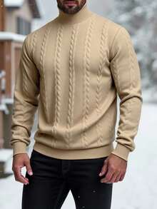 EGENSIO Heavyweight Textured American Style Men's Casual Turtleneck Pullover Sweatshirt - Khaki - View 1
