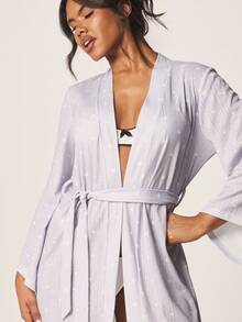MISSGUIDED Lavender Pointelle Print Short Kimono Robe With Belt Long Sleeve Open Front Lightweight Sleepwear Loungewear Cover Up - Multicolor - View 4