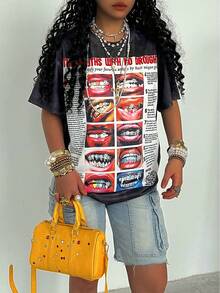 Rovax 女士休闲时尚街头唇语标语印花水洗短袖T恤，夏季 - 黑色 - 查看 3