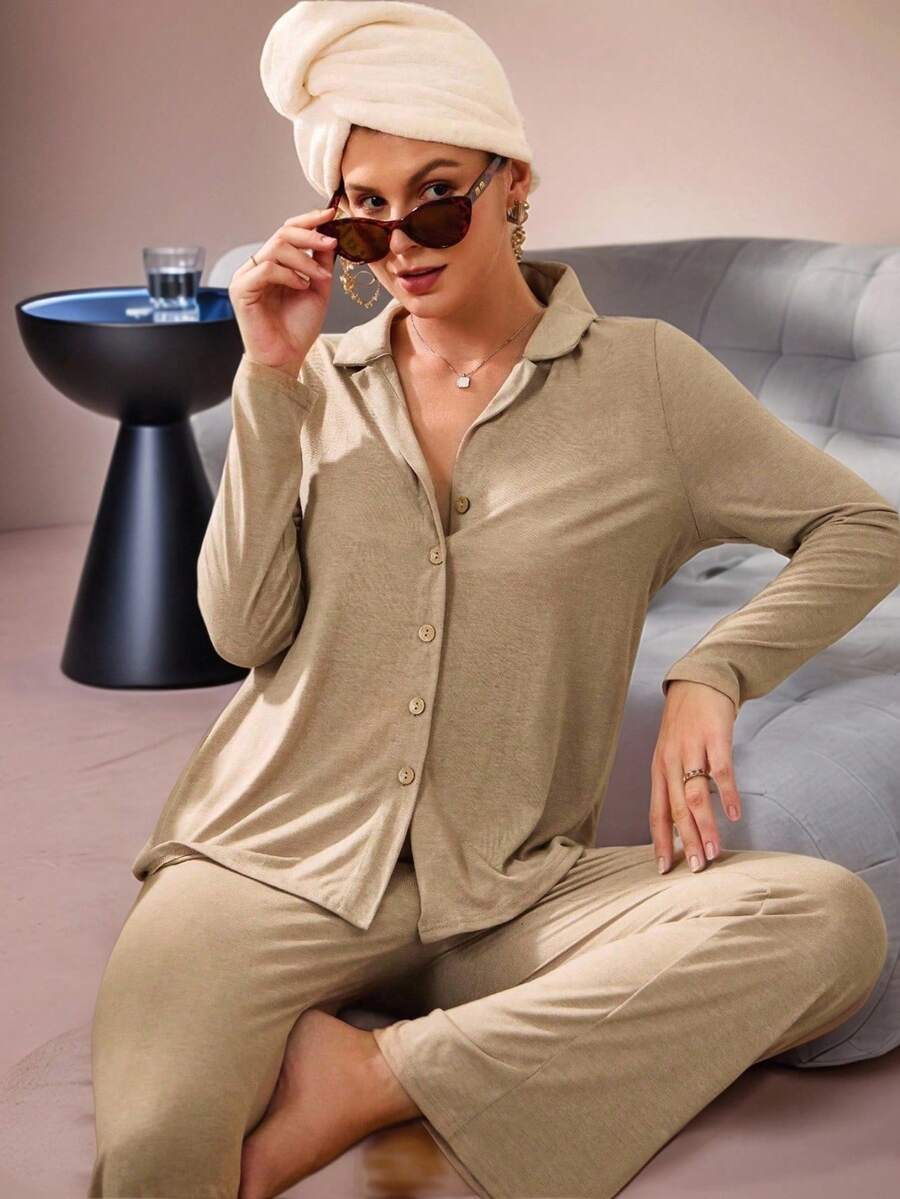 Lazeform纽扣柔软亲肤男女通用时尚家居服套装，舒适优雅细节，秋冬服装 - 駝色 - 查看 1