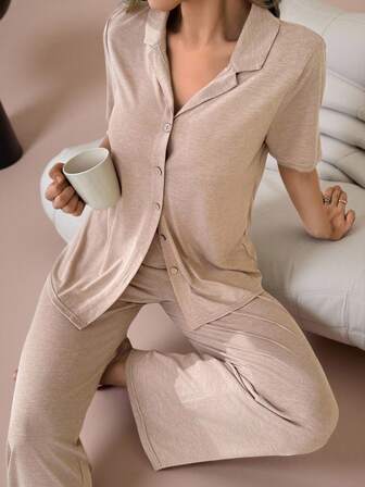 SHEIN 柔软舒适的纽扣上衣和裤子男女通用睡衣家居服套装