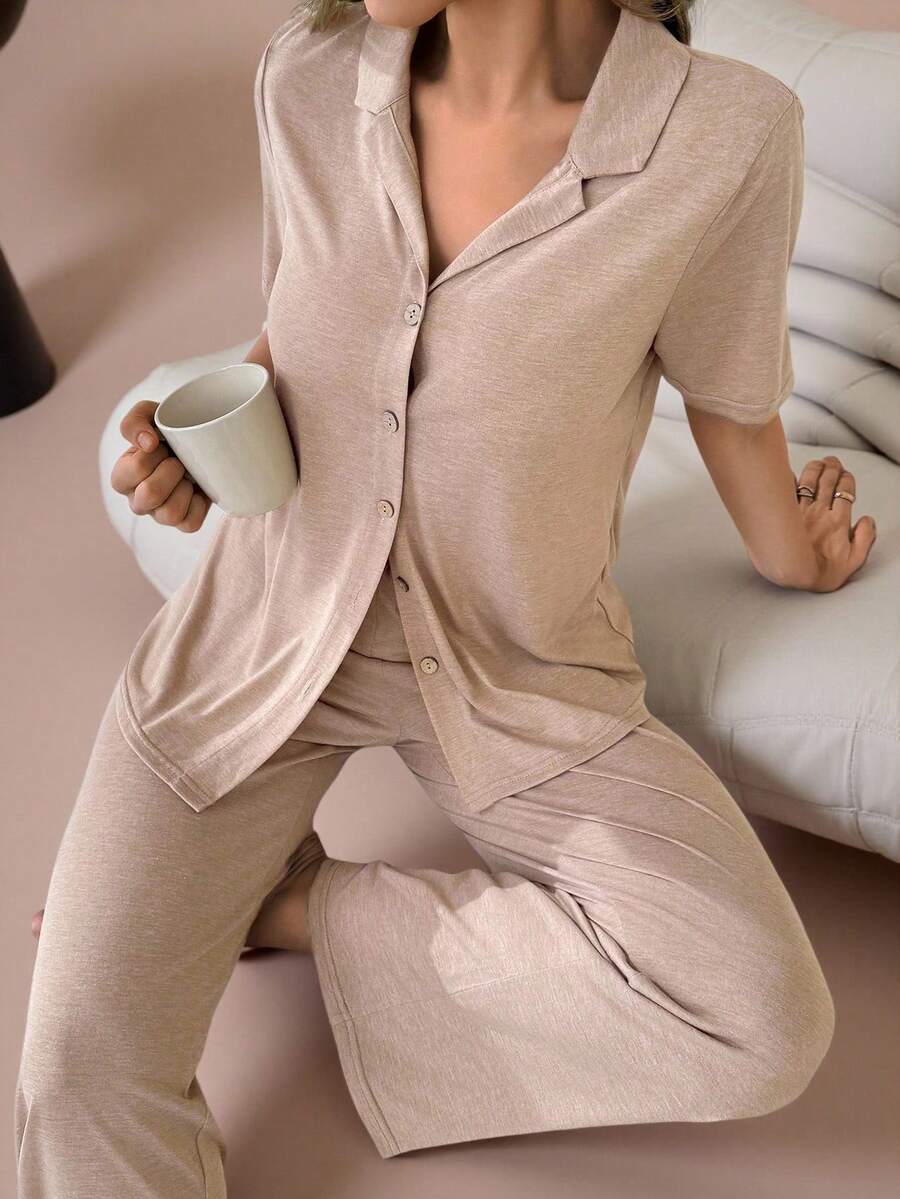 Lazeform 柔软舒适的纽扣上衣和裤子男女通用睡衣家居服套装 - 駝色 - 查看 1