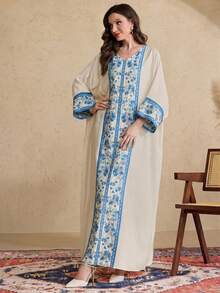 Al Najma Women's Turkish & Arabic Traditional Long Tunic With Floral Shoulder Sleeve Design - Baby Blue - View 6
