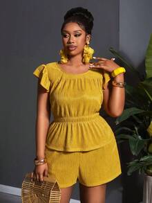 Veslaya Nuevo conjunto de 2 piezas de top de manga abullonada con cintura ceñida y pantalones cortos ajustados con bolsillos en color amarillo mostaza sólido, ideal para vacaciones, uso casual, playa, fiestas, estilo bohemio, uso diario, resort de isla, actividades al aire libre, festivales de música, citas y reuniones. Tallas grandes. Conjunto de verano amarillo de top y blusas para mujer. Vestido amarillo para mujer de playa. Conjuntos de ropa de vacaciones para mujer, conjuntos casuales de 2 piezas. - Amarillo Mostaza - Ver 8