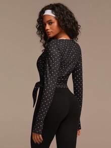 Athîral Women's Polka Dot Print Long Sleeve Wrap Tie Front Sports T-Shirt - Black and White - View 5