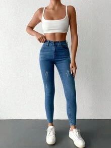 SHEIN 96% Cotton High Waist Ripped Skinny Jeans Tall - Blue - View 5