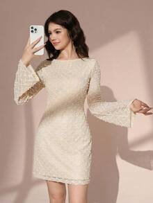 Pitira Pitira Robe longue mi-mollet à manches longues pour adolescentes, couleur unie, mode pour l'été, robes d'été, robes abricot, robe élégante, rentrée scolaire - Nude - Voir 7