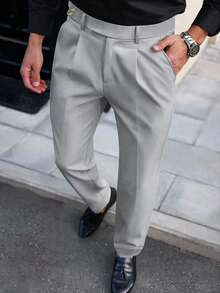 Manfinity Bizformal 男士纯色褶裥口袋直筒商务休闲裤 男士正装裤 男士高腰裤 男士褶裥西装裤 灰色正装裤 男士休闲裤 男士休闲裤 复古风格，适合日常休闲、周末旅行、户外活动、探险旅行、轻松的工作环境或半正式场合，可作为男友/丈夫礼物、周年纪念/生日礼物、派对、夏季假期、沙滩装、夏威夷婚礼、春夏两季穿着。 - 淺灰色 - 查看 3