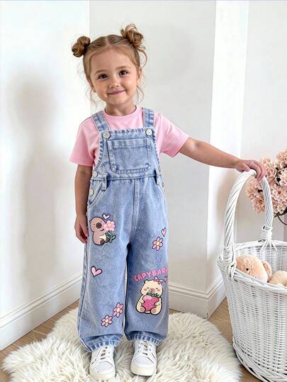 SHEIN Playful Pals Baby Girls' Cute Cartoon Capybara Washed Denim Adjustable Bib Pants, Casual Loose Comfortable Suitable For Kindergarten, Matching Short/Long Sleeve Outerwear, All Seasons