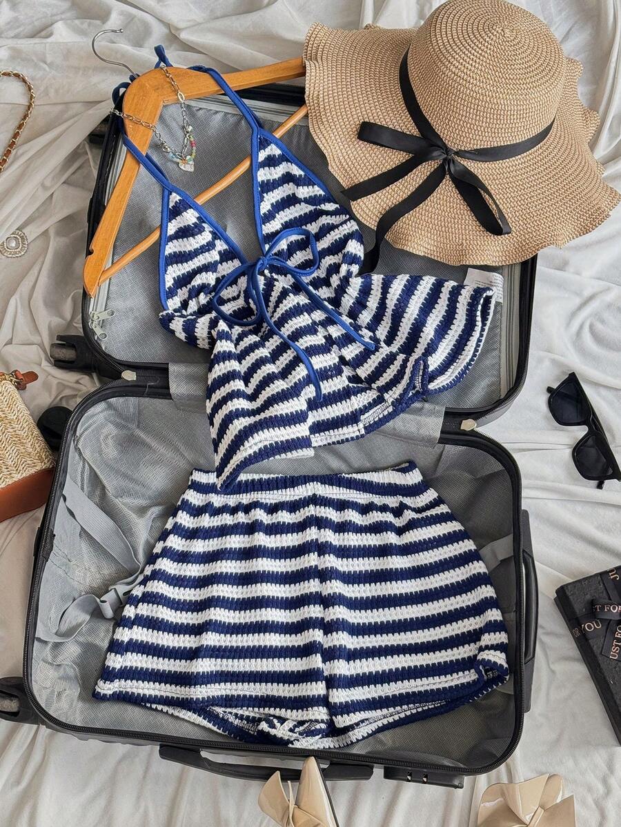 Trelyra 女士条纹系带露背上衣和短裤两件套，春夏款 - 藍白色 - 查看 1