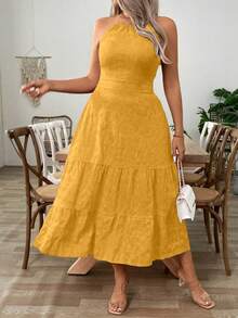 SHEIN Clasi Damen Große Größen einfarbiges rückenfreies Rüschen-Saum Urlaubs-Neckholder-Kleid - Gelb - Übersicht 4