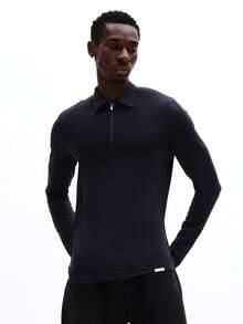 SUMWON Essentials 修身长袖 Polo 衫，带拉链门襟，适合日常休闲穿着 - 藍色 - 查看 3