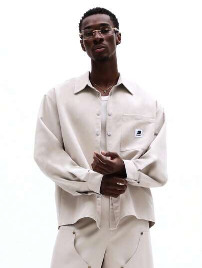  SUMWON Relaxed Fit Button Up Carpenter Shirt With Chest Pocket And Long Sleeves For Casual Daily Wear Fall Winter Styling Plain