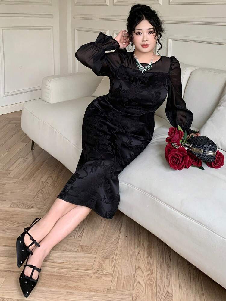 Dazy Plus Plus Size Elegant Contrast Lace Round Neck Flare Sleeve Straight Long Dress For Dates Dress Sundress