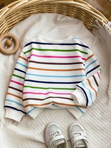 THE POWERPUFF GIRLS X SHEIN 女婴休闲条纹卡通图案圆领卫衣，秋季款 - 白色 - 查看 2