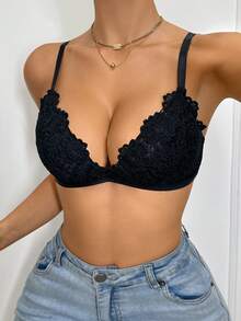 DesireSculpt 1件女士无钢圈蕾丝休闲舒适文胸，黑色 - 黑色 - 查看 3