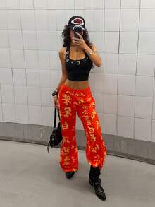 StreetHx 女士街头风2K汉字印花朋克长裤，秋冬款 - 酒紅色 - 查看 2