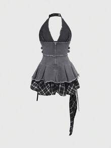 ROMWE Grunge Punk Spring/SummerplaidAsymmetrical Hem Frayed Denim Patchwork Plaid Halter Neck Denim Dress - Grey - View 2