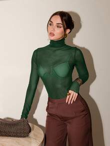 Bris Aura 斯德哥尔摩风格，女士教师装，秋季服装，高领高领针织上衣，优雅秋冬衬衫，网眼长袖衬衫，商务休闲女士基本款上衣 - 墨綠色 - 查看 5