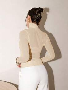 Bris Aura 斯德哥尔摩风格，女教师款，秋季，高领针织衫，优雅秋冬衬衫，网纱长袖衬衫，商务休闲女式基础款上衣 - 杏色 - 查看 2