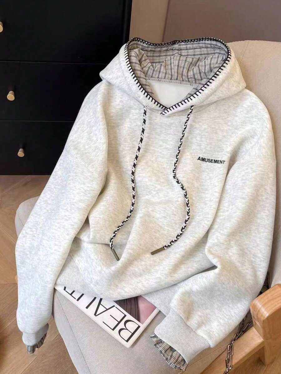 INAWLY 大码休闲格子拼接卫衣，秋冬款 - 灰色 - 查看 1