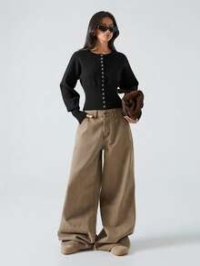 LYSMO 新款极简主义春季休闲女式黑色落肩长袖单排扣收腰开衫，纯白设计，适合外出、街头风和斯德哥尔摩风格。 - 黑色 - 查看 5