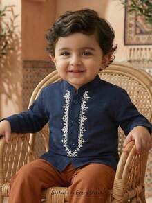 Cozy Pixies Baby Boy Traditional Pattern Mandarin Collar Long Sleeve Half-Placket Pullover Top Blue Shirt Baby Baby Arabic Clothing Baby Boy Suit Baby Navy Blue Kurta Suit For 2 Years Baby Navy Blue - Navy Blue - View 4