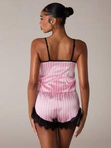 SHEIN BAE 对比色蕾丝条纹印花缎面睡衣套装/睡衣套装假日季节