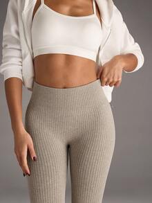 SHEIN BAE 女士高腰纯色无缝喇叭形瑜伽紧身裤 - 卡其色 - 查看 7