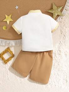 2pcs Baby Boy White Summer Casual Family Matching Colorblock Print Short Sleeve Woven Shirt,Loose Shorts Set,Toddler Linen Outfit For Holiday Wear - Khaki - View 9