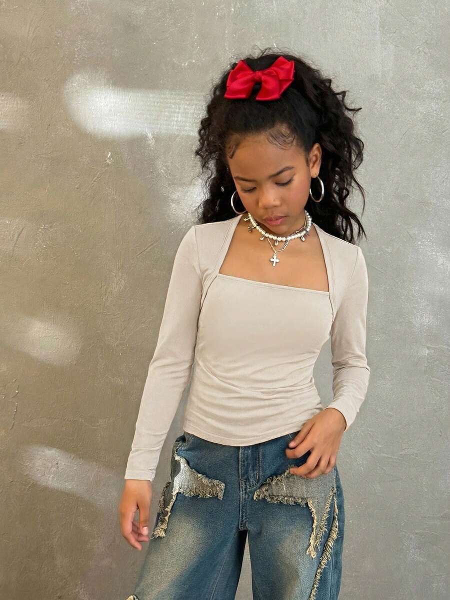 SHEIN Tween Girls Fall Fashionable Snug Fit T-Shirt With Raglan Sleeves, U-Neck, Ruched Waist, Stretchy - Apricot - View 1