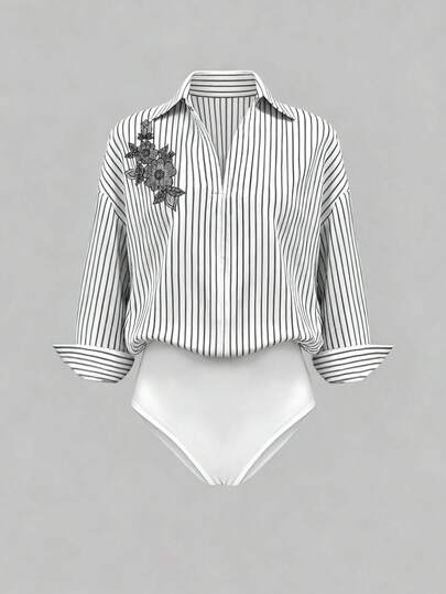 EMERY ROSE 大码女式休闲条纹印花长袖连体衣