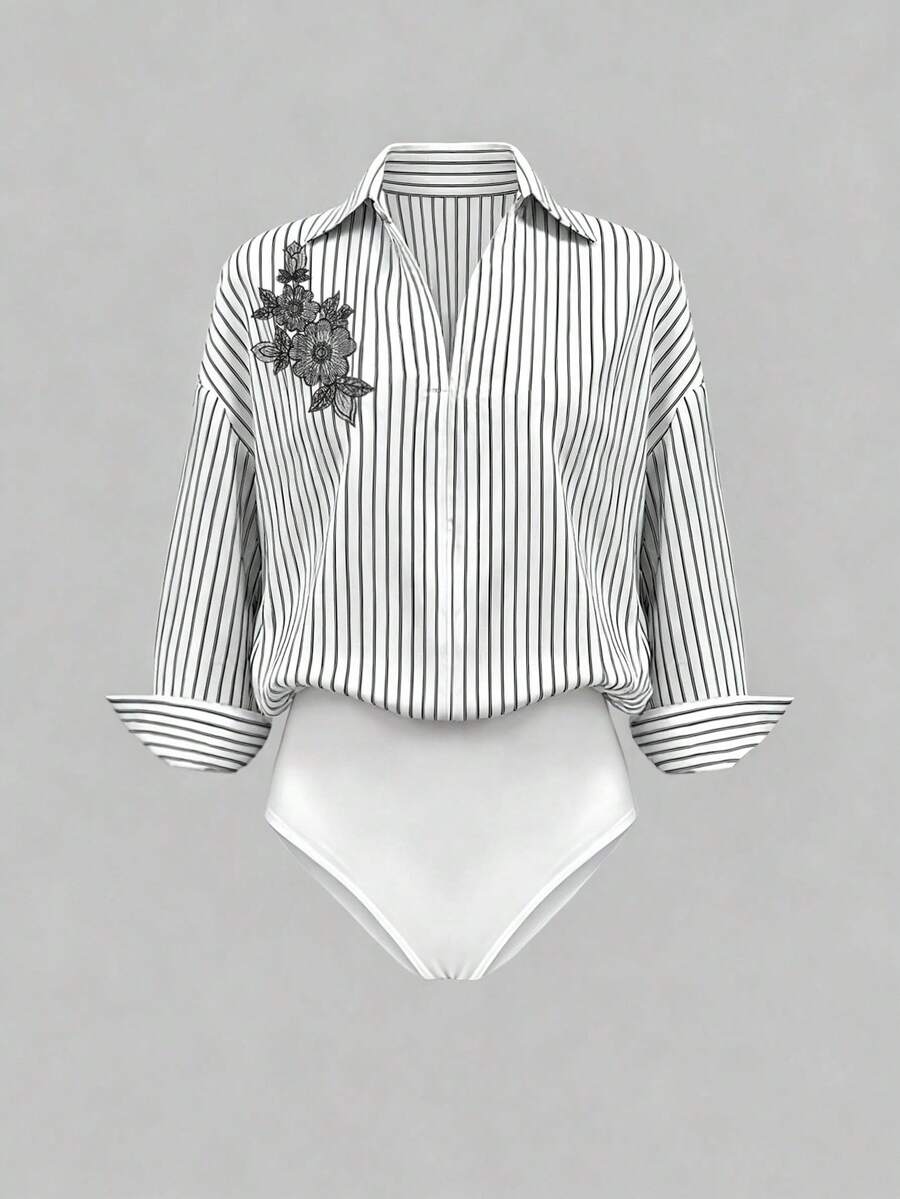 EMERY ROSE 大码女式休闲条纹印花长袖连体衣 - 彩色 - 查看 1