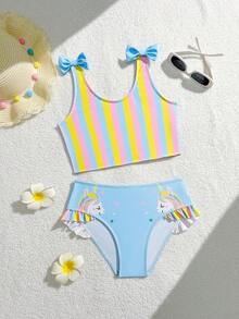 SHEIN 2pcs/Set Young Girls' Bikini Sets, Blue Striped Unicorn Print Bow Decor, Sports, Lively, Cute, Active, Suitable For Swimming, Beach, Pool, Photo Shooting, Gift, Water Park, Spa, Summer Kids Bathing Suits 2 Pieces Kids Swimwears Girls 2 Pieces Toddler Bathing Suit Young Girls Bikini Sets Young Girl 2 Pieces Ruffled Swimwear Set Swimwears For Girls Two Pieces With Ruffles Girls Bikini Sets With Ruffles Unicorn Swimwear Girls Unicorn Bathing Suit Girls Swim Two Pieces Rainbow Two Pieces Girls Beach Sets Unicorn Swimwears Kids Cute Dinosaur Swimwear For Kids - Multicolor - View 4