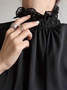 FRIFUL Women's Lace Trim Pleated Collar Fashion Versatile Long Sleeve Blouse For Commuting - Black - View 8