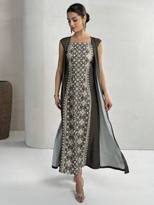 Yasmyna Women's Geometric Print Mesh Patchwork Casual Party Abaya Dress With Batwing Sleeves - Army Green - View 3