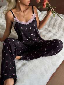 CottageSlumber Black Rib Knit Pajama Set For Women Sleeveless Spaghetti Strap Top With Random Print And Lace Trim Details Sleepwear - Black - View 5