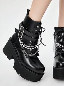 ROMWE Women Shoes Thick-Soled Thick-Heeled Women's Boots, Punk Style Double Belt Buckle Pearl Metal Chain, Gothic Ankle Boots Side Zip-Up Lace-Up Boots Valentine's Day - Black - View 3