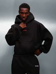 PLAYBOY X SUMWON Áo hoodie dáng ngắn rộng màu đen với logo chú thỏ đỏ đặc trưng, túi giữa, tay dài, phong cách đường phố thường ngày. - màu đen - Xem 3