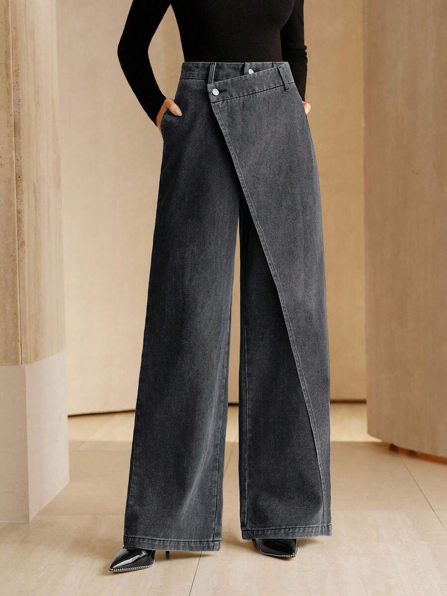 Anewsta Asymmetrical Design Women's Loose Fit Pockets Wide Leg Jeans - Grey - View 1