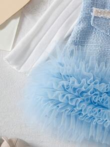 SHEIN Elladie kids 2 件套女婴秋冬校服套装，3 个月 - 3 岁，包括：1 件蓝色优雅甜美多层荷叶边网眼蛋糕裙，1 件米色修身罗纹高领长袖上衣 - 藍色 - 查看 4