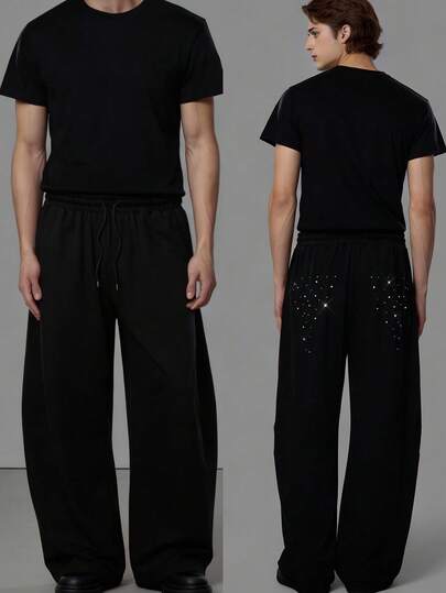 Street Life Men's Casual Loose Sweatpants With Rhinestone Decor