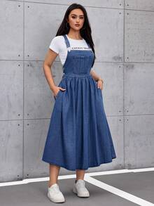 SHEIN Tall Women's Pocket Pleated Fashionable Versatile Travel Denim Jumper Dress - Dark Wash - View 4