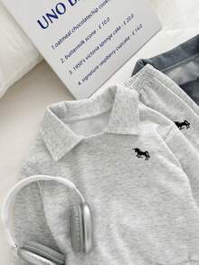 SHEIN 6pcs/3sets Young Boy Embroidery Collar Casual Sweatshirt  And Joggers, Light Grey And Charcoal Gray And Black Color - Multicolor - View 2
