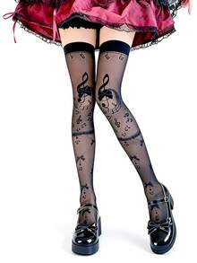 ROMWE Anime 1 Pair Of Lolita Lolita Sweet Bow Music Note Print Stockings Women's Knee Socks - Black - View 2